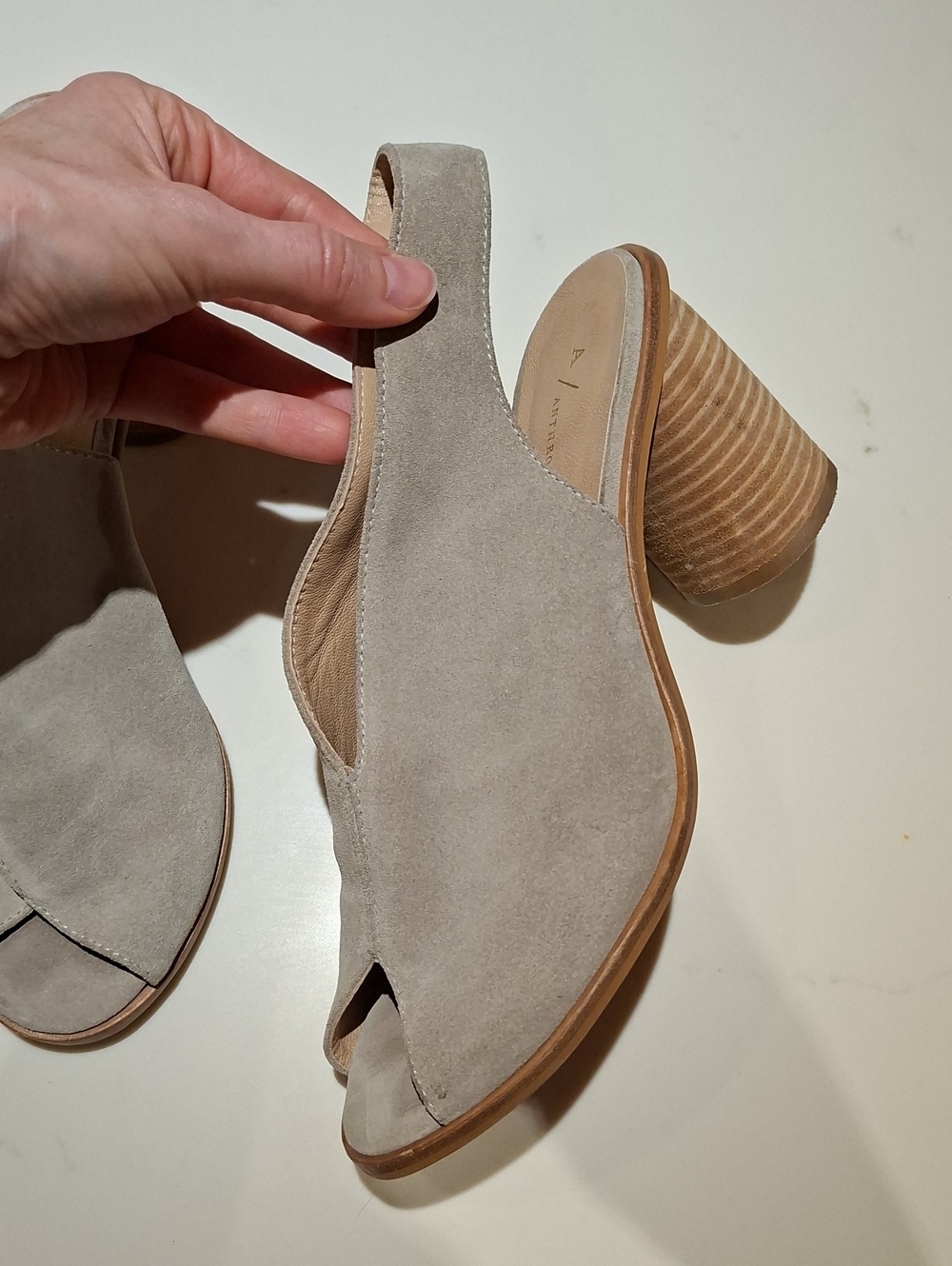 Anthropologie Taupe Suede Slingback Peep-toe Wood-stacked Heels (Size EU 40)